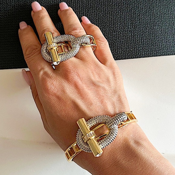 Gold Zircon Bangle Bracelet Two Finger Ring Set Luxury 18K Gold Plated - Picture 5 of 16